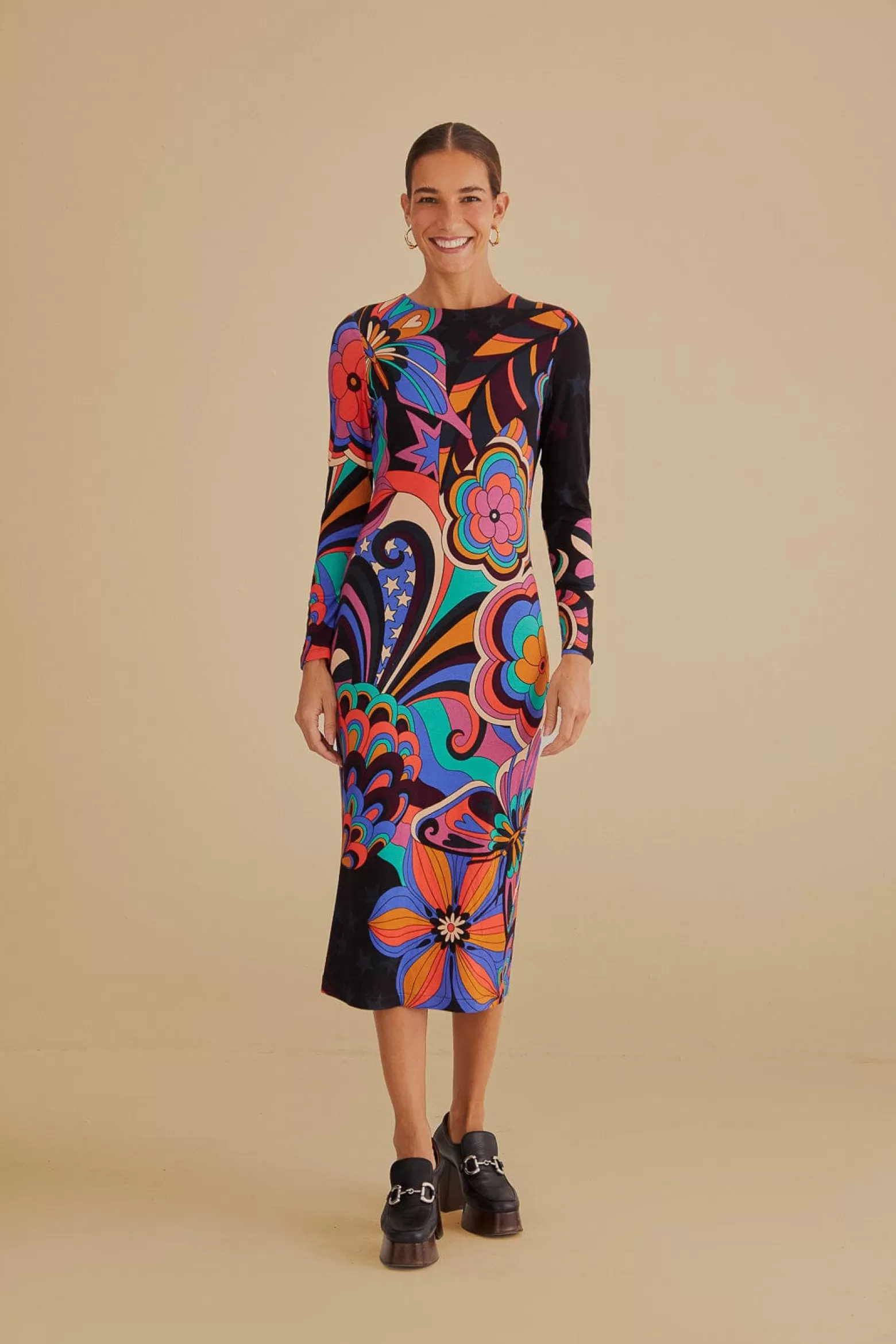 Outlet FARM Rio  BLACK 70S VIBE LENZING™ ECOVERO™ VISCOSE MIDI DRESS