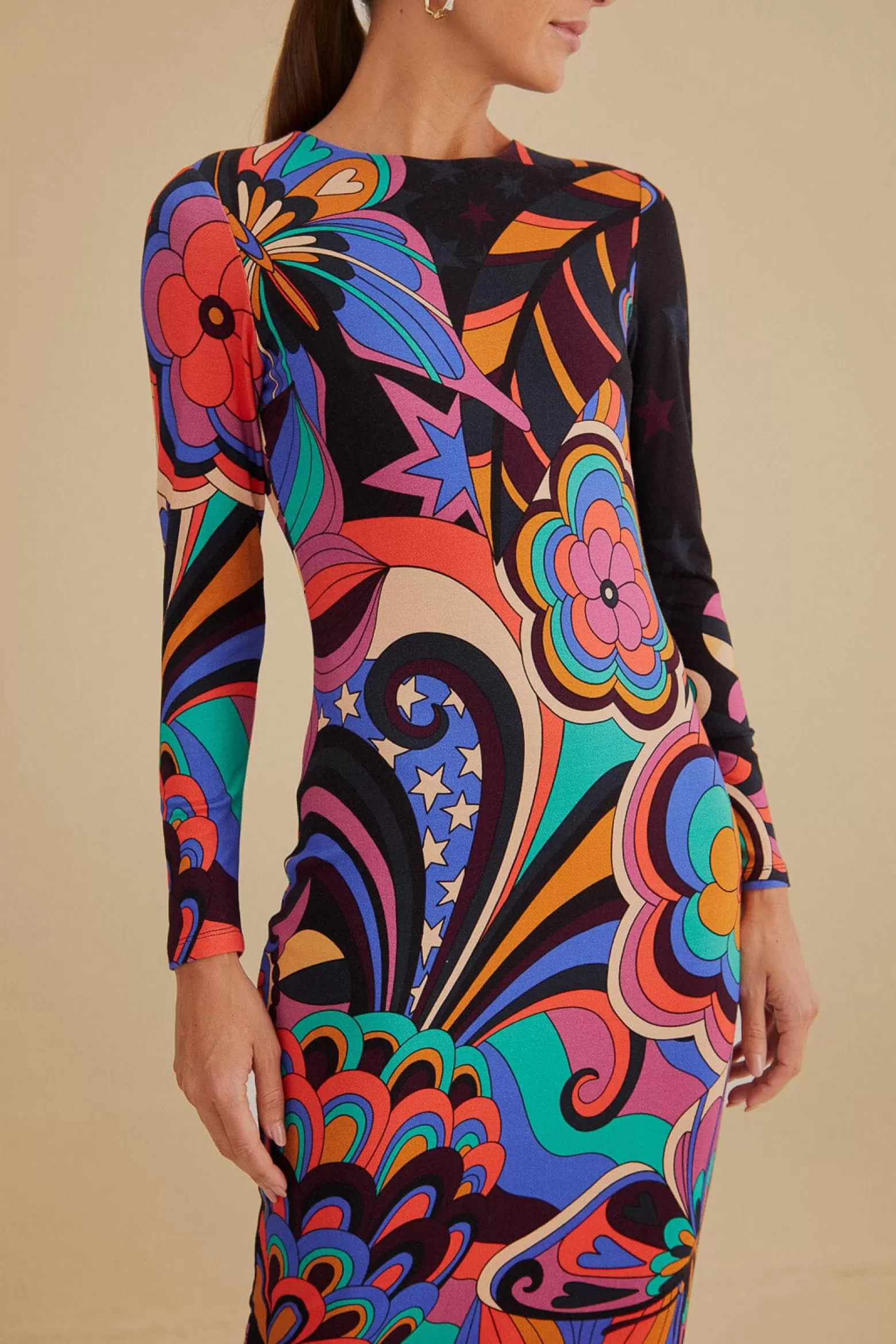 Outlet FARM Rio  BLACK 70S VIBE LENZING™ ECOVERO™ VISCOSE MIDI DRESS