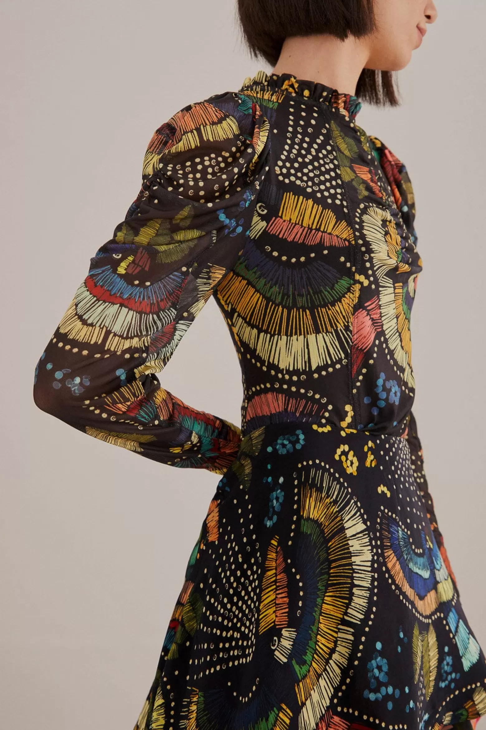 Store FARM Rio  BLACK COLORFUL BIRDS TULLE BLOUSE