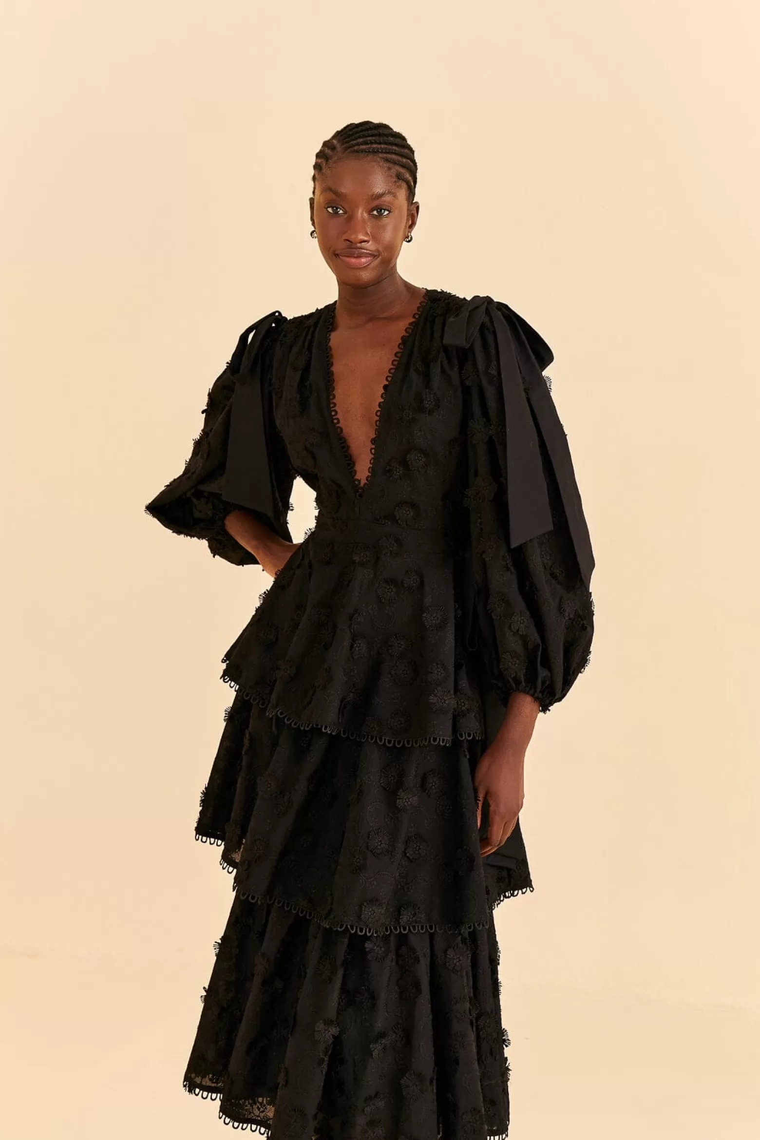 Outlet FARM Rio  BLACK FLOWERS TEXTURED TIERED MIDI DRESS