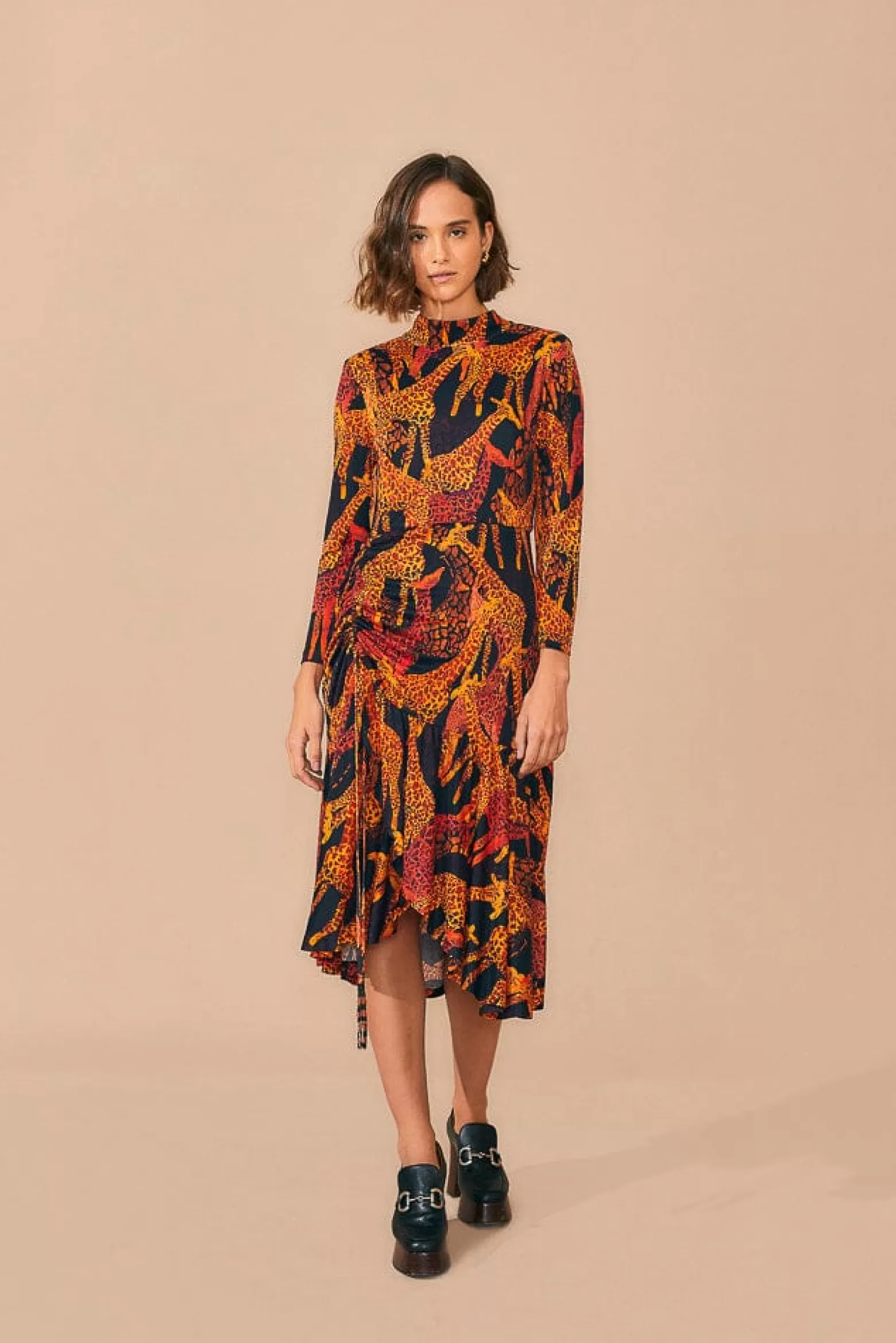 Outlet FARM Rio  BLACK GIRAFFES SLIT MIDI DRESS
