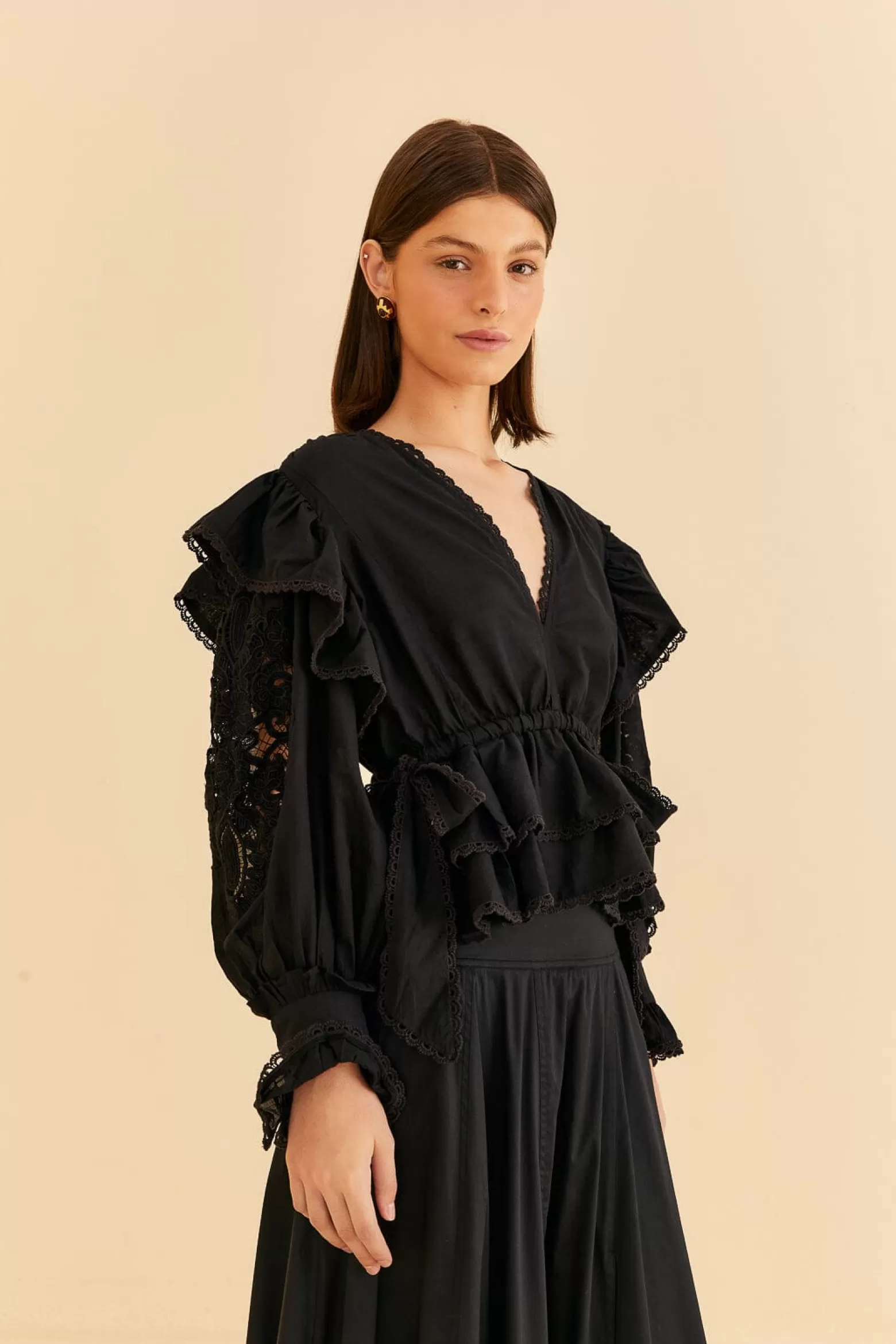 Shop FARM Rio  BLACK LONG SLEEVE V NECKLINE BLOUSE