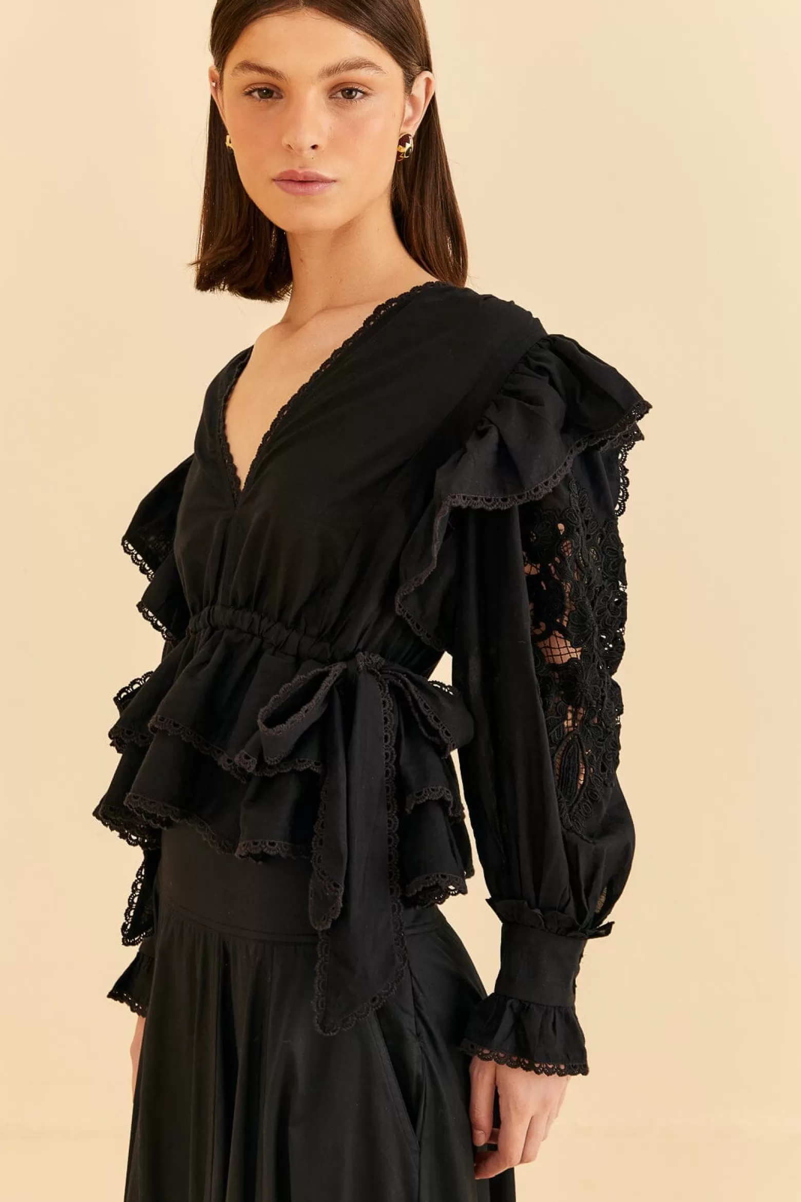 Shop FARM Rio  BLACK LONG SLEEVE V NECKLINE BLOUSE