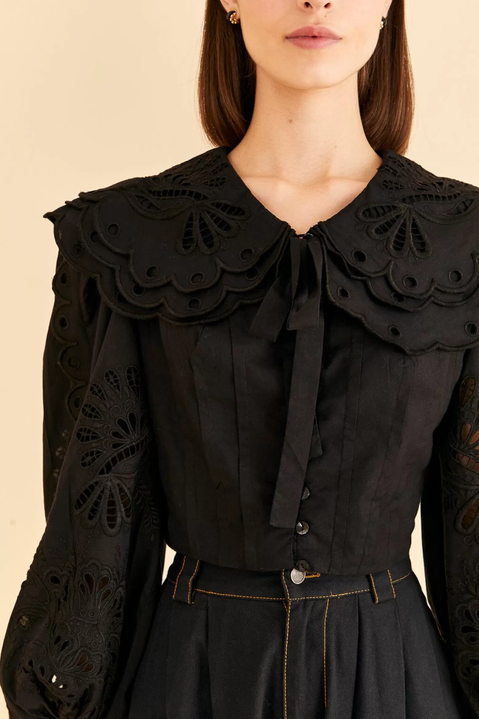 New FARM Rio  BLACK RICHELIEU BIG COLLAR BLOUSE