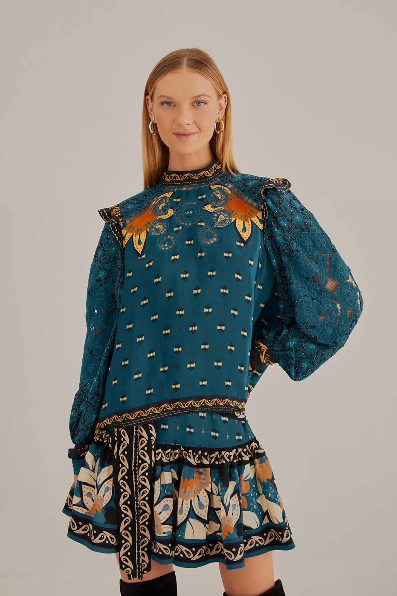 New FARM Rio  BLUE AINIKA CHILL LONG SLEEVE BLOUSE