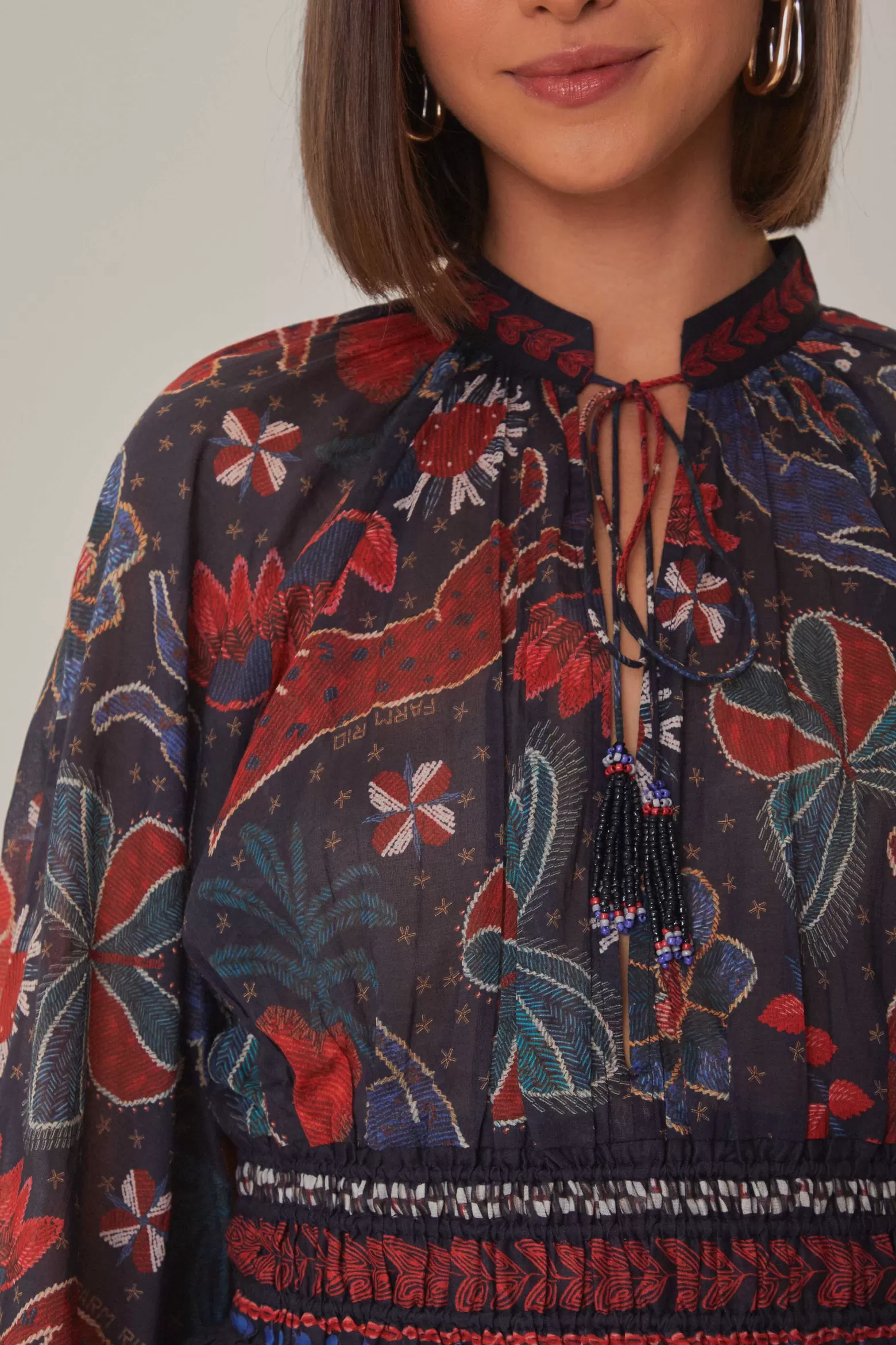 Online FARM Rio  DARK BLUE TROPICAL SHINE V NECK BLOUSE