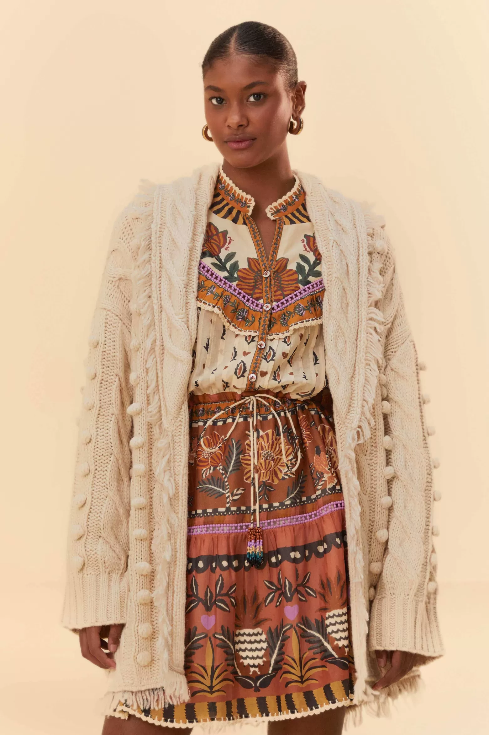 Fashion FARM Rio  KHAKI BRAIDED KNIT CARDIGAN