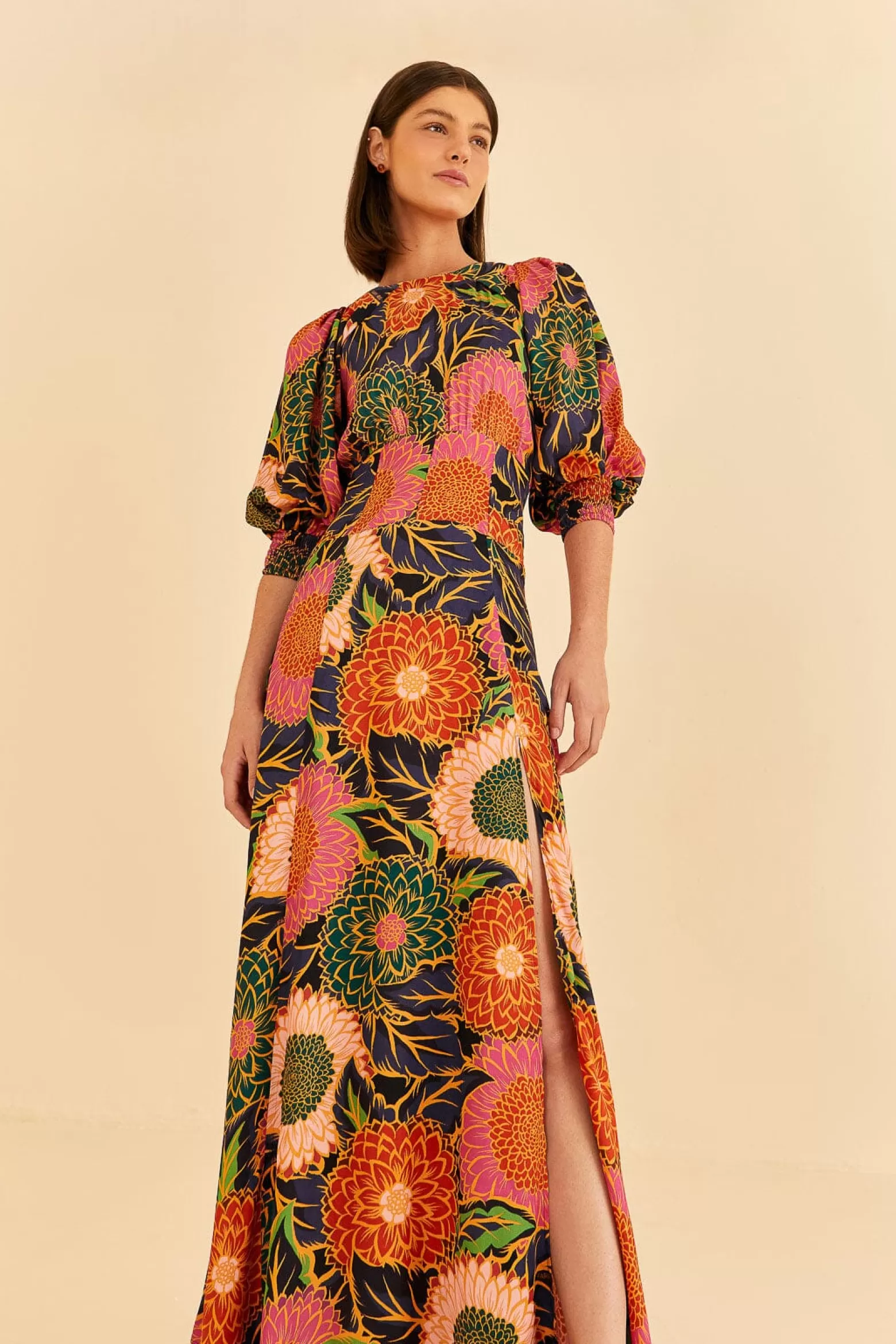 New FARM Rio  MULTICOLOR VINTAGE GARDEN PUFF SLEEVE MAXI DRESS