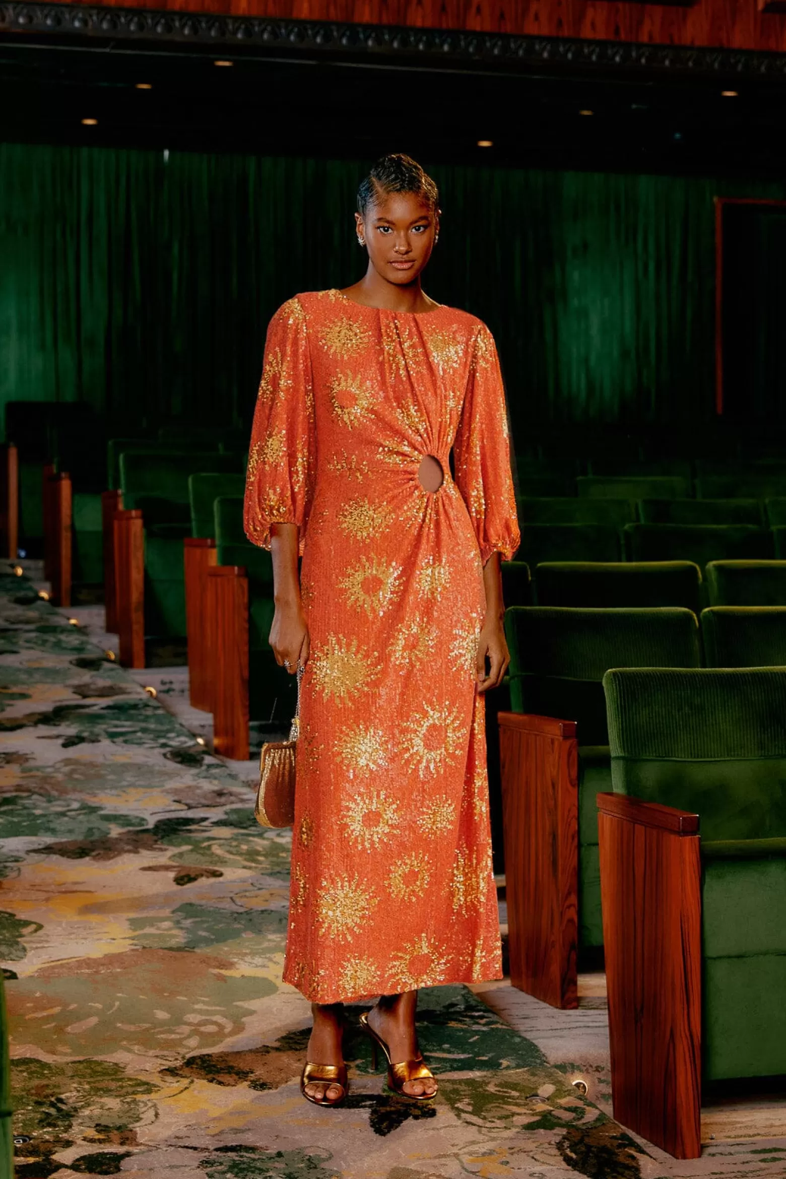 Sale FARM Rio  ORANGE SUNNY MOOD SEQUIN CUT OUT MIDI DRESS