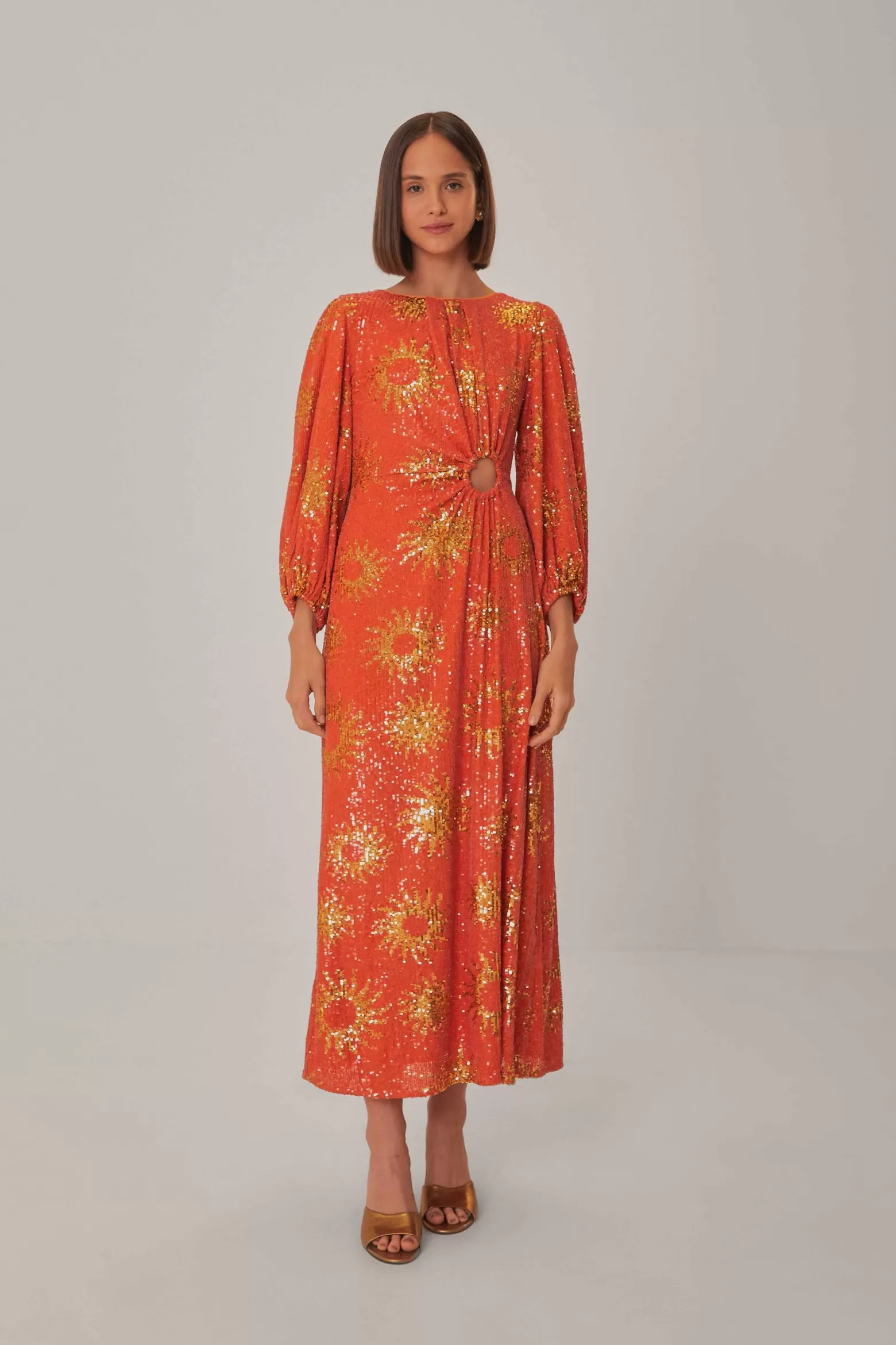 Sale FARM Rio  ORANGE SUNNY MOOD SEQUIN CUT OUT MIDI DRESS