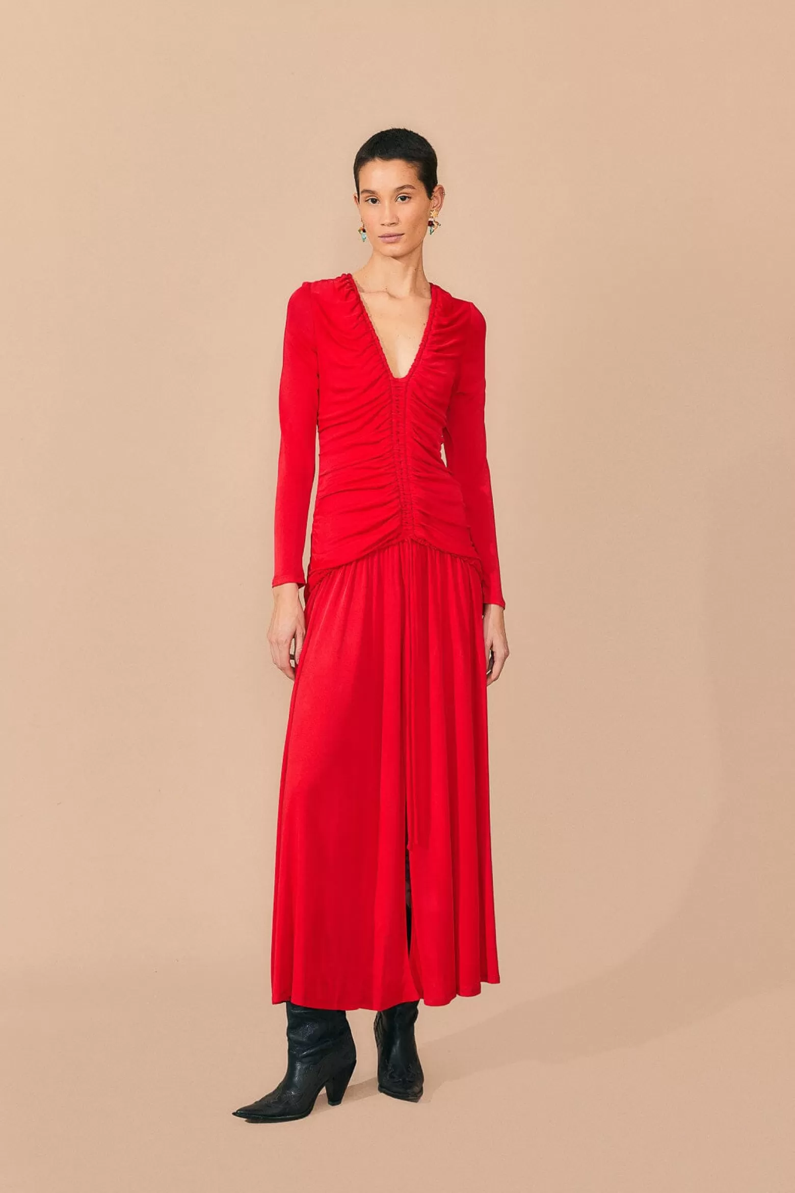 Cheap FARM Rio  RED V NECKLINE LONG SLEEVE MIDI DRESS