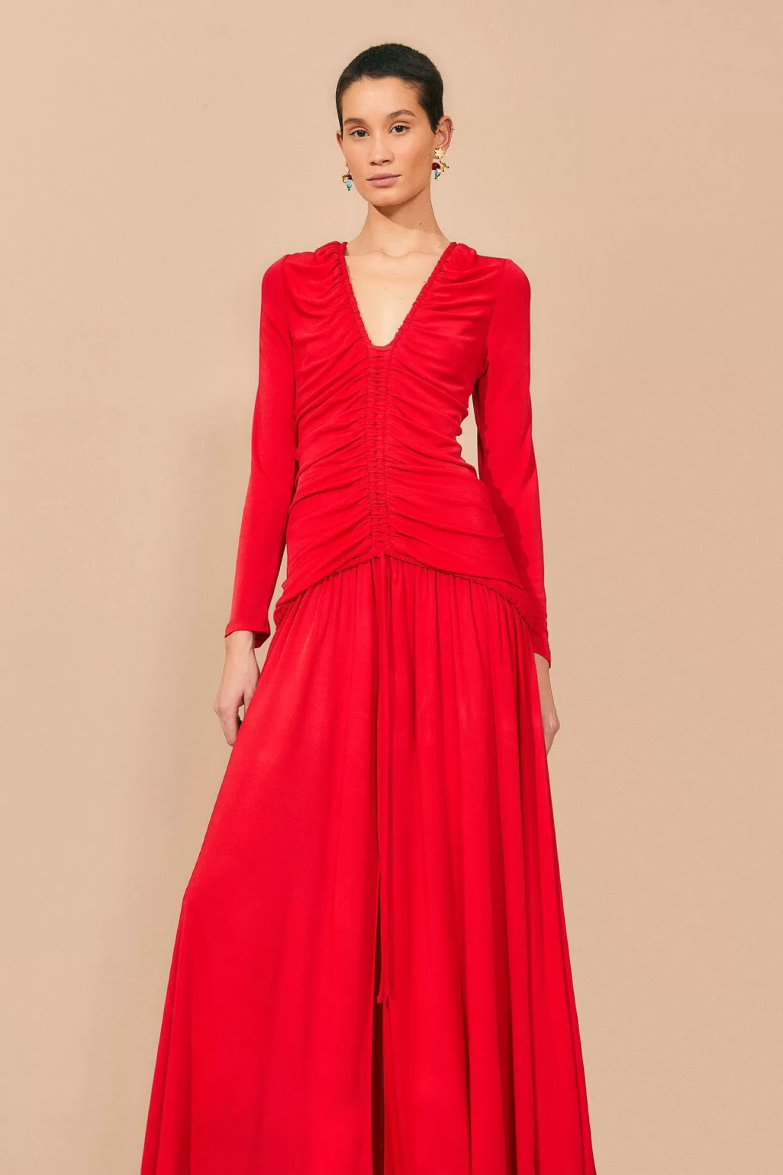 Cheap FARM Rio  RED V NECKLINE LONG SLEEVE MIDI DRESS