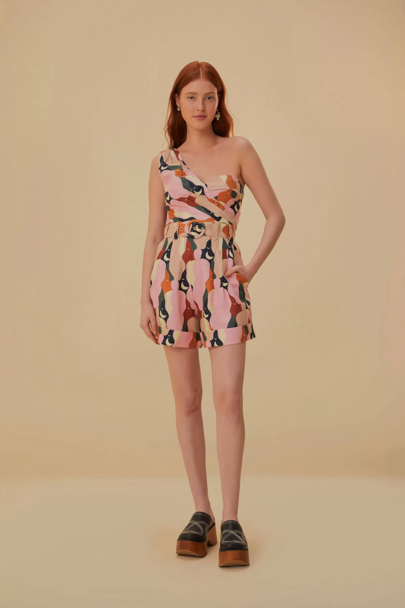 Store FARM Rio  THE KISS MULTICOLOR ONE SHOULDER ROMPER