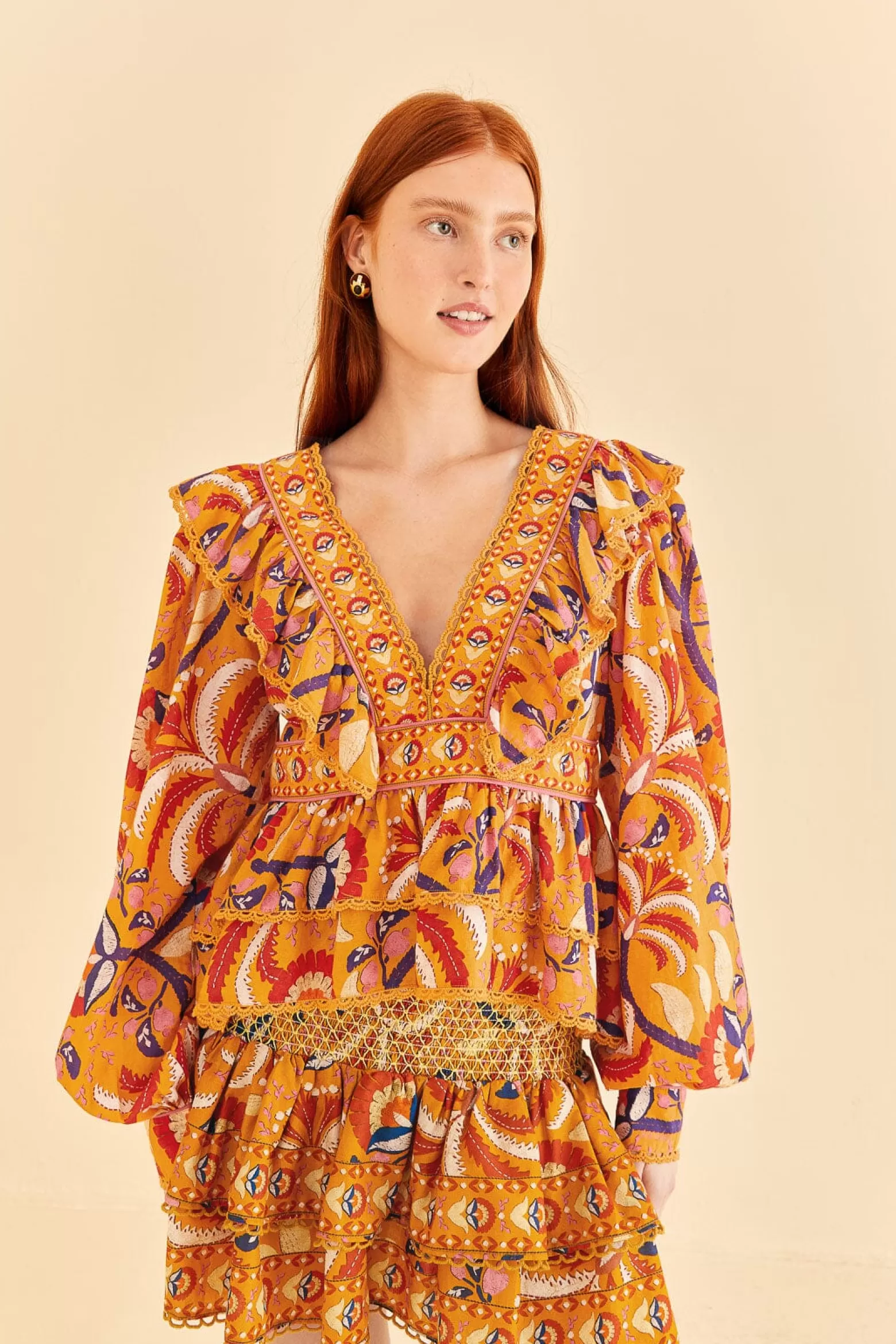 Outlet FARM Rio  YELLOW PALMS PARTY RUFFLE BLOUSE