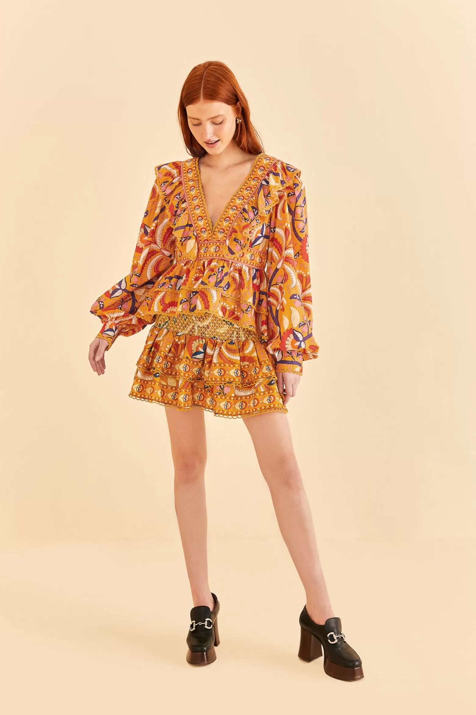 Outlet FARM Rio  YELLOW PALMS PARTY RUFFLE BLOUSE